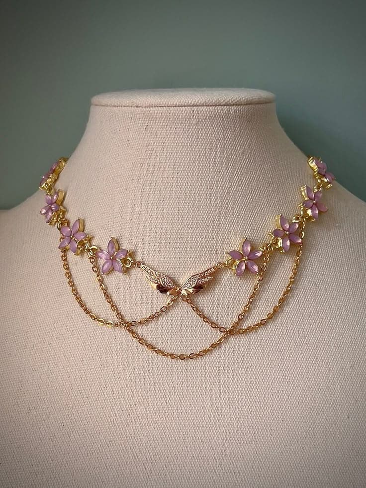 Elegant Pink Floral Butterfly Gold Choker Necklace