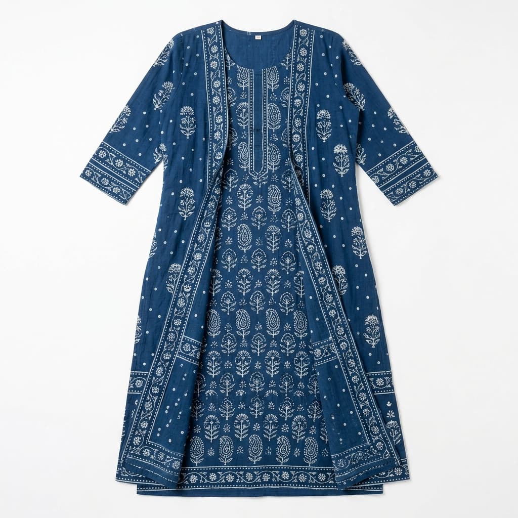 Indigo Block Print Jacket Kurti