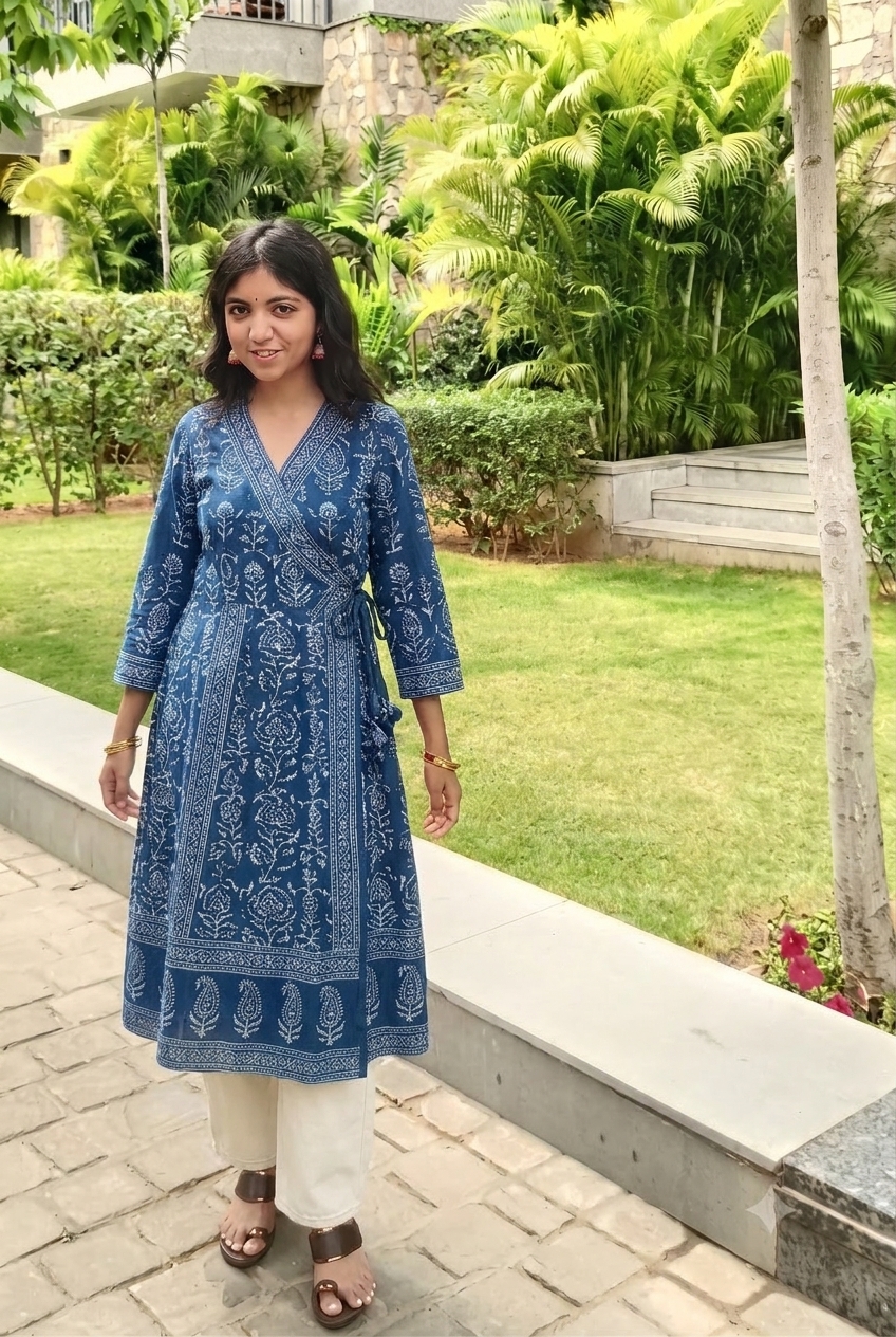 Ecru Baggy · Indigo Block Print Angrakha
