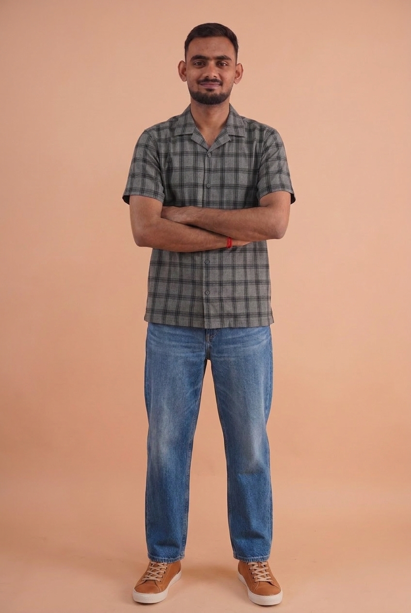 Mid-Blue Baggy · Check Camp Collar · Tan High-Top