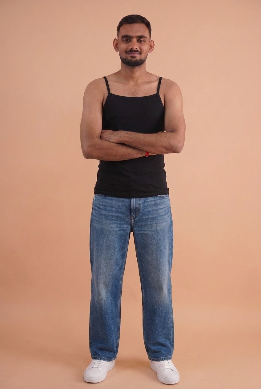 Mid-Blue Baggy · Black Camisole